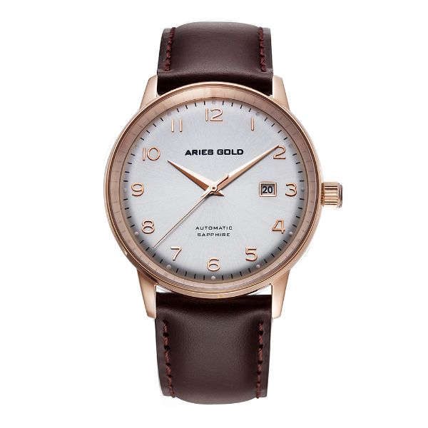 ARIES GOLD AUTOMATIC INFINUM ODYSSEY ROSE GOLD STAINLESS STEEL G 9010 RG-SRG BROWN LEATHER STRAP MEN'S WATCH